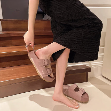 Smile Women Slippers Summer Casual Women Shoes Retro Trend With Buckle Slippers Comfortable Beach Slippers Round-headed Slippers