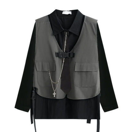 Men Women Gothic Shirt Suit Korean Loose Long-sleeved Blouse Functional Workwear Suit Vest Two-piece Set 2023 Spring Autumn Top