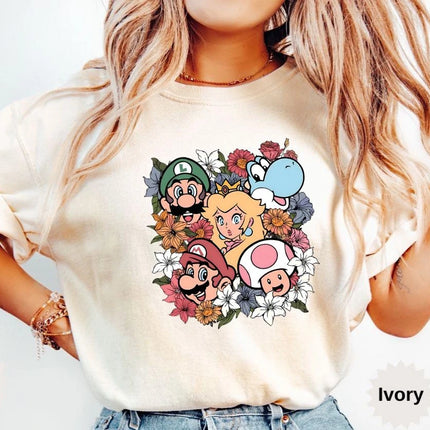 Floral Mario Birthday Shirt Super Mario Bros Movie T-shirt 2026 Summer New Men's Women Y2K Hip-hop Cotton Oversized T-shirt