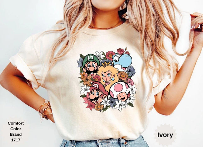 Floral Mario Birthday Shirt Super Mario Bros Movie T-shirt 2026 Summer New Men's Women Y2K Hip-hop Cotton Oversized T-shirt