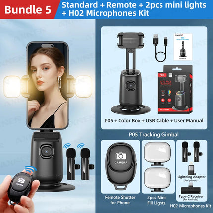 P05 AI Follow Gimbal 360 Rotation Face Tracking Stabilizer Filming Portable Desktop Cellphone Holder for Live/Photo
