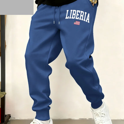 Liberia Flag Letter Printed Sweatpants Mens Basics Fleece Warm Jogger Pants Casual Pocket Trousers Winter Loose Male Clothes