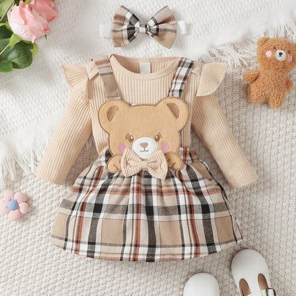 Baby Girl and Child Spring and Autumn Apricot Round Neck Lotus Leaf Edge Little Bear Long Sleeve jumpsuit and Bow Grid Strap Ski
