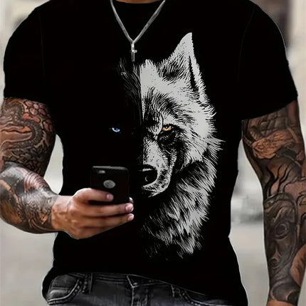 Men's 3D Wolf Print T-Shirt Casual Round Neck Short Sleeve Shirt Breathable and Comfortable Fabric Men's Street Outdoor Clothing