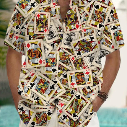 Men's Playing Cards and Dice Printed Short Sleeve Shirt Polyester Fabric Suitable for Summer Vacation and Casual Outing Shirts