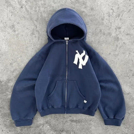 Y2K Harajuku Fashion Letter Pattern Printed Hooded Sweatshirt Hip Hood Casual Loose Men and Women Oversized Zipper Sweatshirt