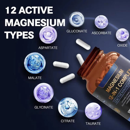 Magnesium 12-in-1 Complex Supplement – 700mg Magnesium Glycinate Capsules for Women & Men Muscle Nerve Sleep Support 120 Count