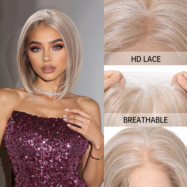 Topshe Short Bob 13x6 HD Lace Front Wig Ombre Blonde Straight Synthetic Wigs Glueless Pre-Plucked Heat Resistant Fiber Daily