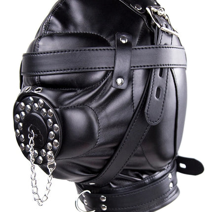 PU Leather Full Head Bondage Hood Mask Adjustable BDSM Headgear Blindfold with Chain Leash Role Play Costume Accessories