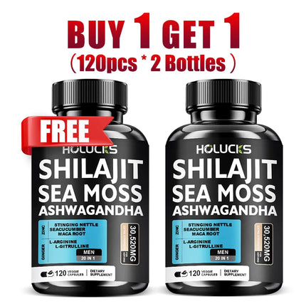 Buy 1 Get 1 Free! Pure Shilajit & Sea Moss Supplement, for Boosts Testosterone, Energy & Stamina, Supports Male Vitality, Men