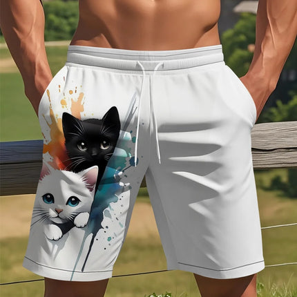 Funny Animal Cat 3D Print Men's Casual Shorts Breathable Drawstring Swim Trunks Cat Pattern Summer Sportwear Shorts Man Clothing