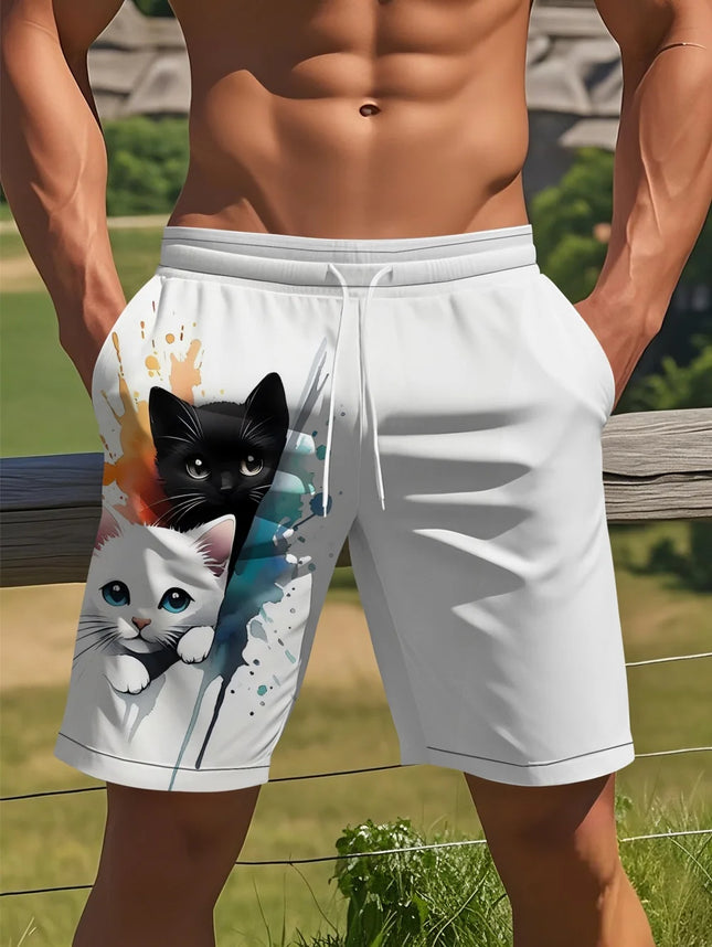 Funny Animal Cat 3D Print Men's Casual Shorts Breathable Drawstring Swim Trunks Cat Pattern Summer Sportswear Shorts Man Clothing