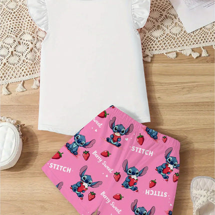 Flame Resistant Girls Pajamas Set Cute Stitch Strawberry Print Ruffle Short Sleeve Top Shorts Soft Breathable Sleepwear