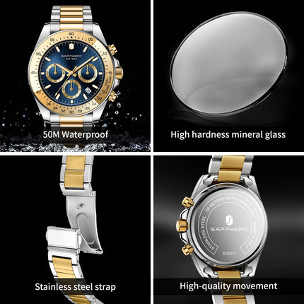 SAPPHERO Fashionable Men's Watch Date Display 5ATM Waterproof Watch Stainless Steel Watch Strap Men's Gift Watch For Men