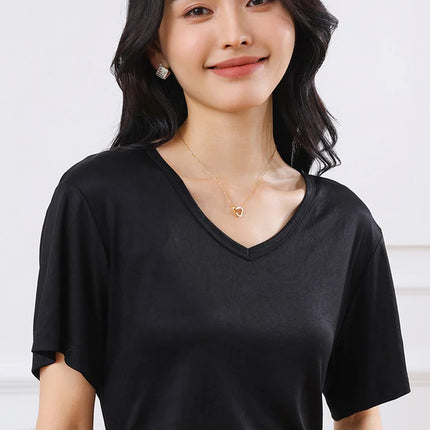 2026 Summer New Women's T-shirt V-neck Knitted Women's Short Sleeve High end Acetate Fiber White Fashion Women's Top