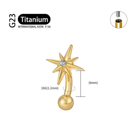 ASTM F136 Titanium 16G CZ North Star Rook Earring 6mm 8mm 10mm 12mm Curved Barbell Eyebrow Cartilage Tragus Labret Piercing