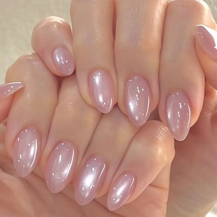 24Pcs Metallic Cat Eye French Sheer Manicure Tip Art Textured 3D Acrylic False Nails Nude Pink Almond Medium Press on Fake Nails