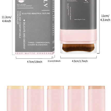 Concealing Foundation Stick 5 Shades With Built-In Brush,  Brighten Lightweight and Waterproof Formula Face Contour Stick Makeup