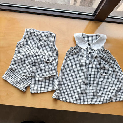 RAISE 2026 Summer Children Outfit Muslin Peter Pan Collar Kids Girls Sleeveless Dress Thin Plaid Tank Top Vest+loose Shorts Suit