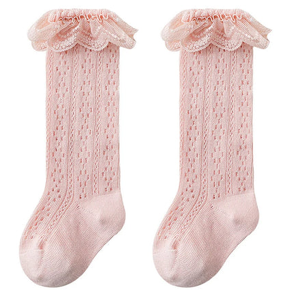 Pudcoco Toddler Girls Knee High Socks Summer Breathable Knit Lace Ruffle Princess Socks for Party, Wedding, Photography 0-3T