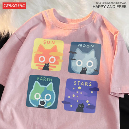 Astronomical Cat Triple Summer Loose Short-sleeved T-shirt Men Women Japanese Style Men's Pure Cotton Sun Moon Earth Couple Tee
