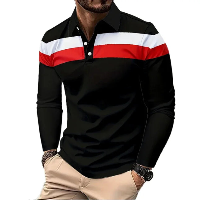 New Men's Long Sleeved Lapel Breathable Polo Shirt Plus Size Man Basic-Style Fashion Patchwork Tops Fall Men Clothing Golf Wear