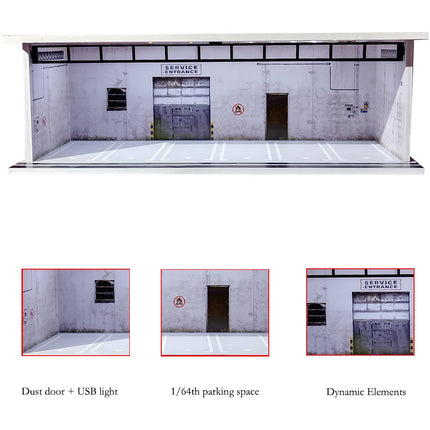 1/64 Scale Car Garage Diorama with USB LED Light Realistic Parking Lot Display Case for Model Cars & Miniature Vehicles