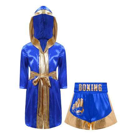 Boys Girls Halloween Carnival Boxer Cosplay Costume Boxing Robe Outfit Long Sleeve Satin Pugilism Hooded Cloak with Belt Shorts
