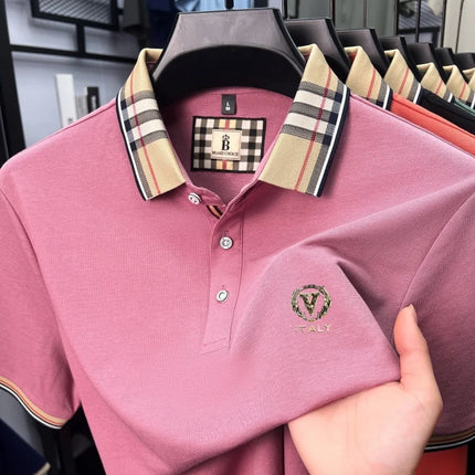 High quality silky cotton short sleeve polo shirt men's luxury brand letter embroidery striped lapel summer breathable T-shirt