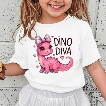 Girls' Kawaii Cartoon Dinosaur Graphic T-Shirt Cute Pink Bow Hearts Print T-Shirt Kids Short Sleeve Tee Y2k Children's Clothing