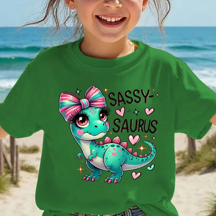 Girls' Kawaii Cartoon Dinosaur Graphic T-Shirt Cute Pink Bow Hearts Print T-Shirt Kids Short Sleeve Tee Y2k Children's Clothing