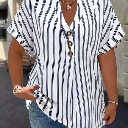 Spring Summer Plus-size Sleeve Shirt V-neck Buttoned Batwing Top Vertical Stripes Slim Fit Women's Autumn and winter innerwear