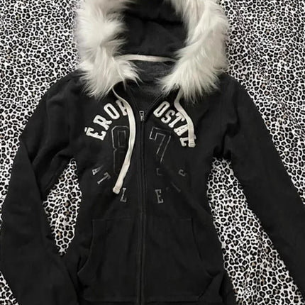 2025 American Retro Black Letter Embroidered Vintage Zipper Hoodie Women Gothic Punk Casual Slim Patchwork Sweatshirt Jackets