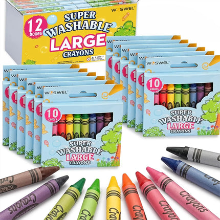 Super Washable Jumbo Crayons Bulk 12 Pack 10 Bright Colors Non Toxic Easy Grip for Toddlers 1-3 & Kids Ages 4-8 Safe Art Supplies for Coloring Books & School Projects