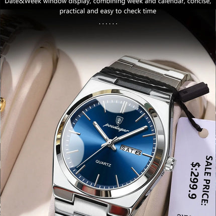 POEDAGAR Luxury Watch For Man Waterproof Luminous Date Week Stainless Steel Men Watch Casual Quartz Men's Watches Male Clock+box