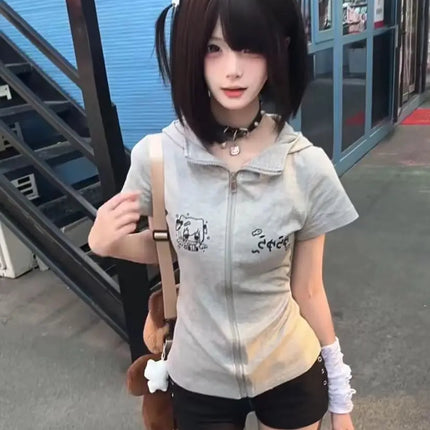 Gray Zip-Up Hoodie Women with Cartoon Print and Hood Short-Sleeve Casual Summer Jacket for Street Style 2025