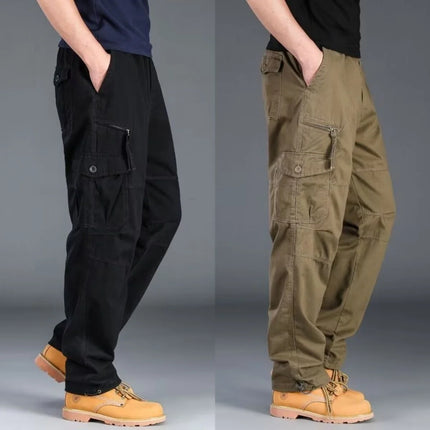 Men's Workwear Pants Multiple Pockets Outdoor Casual Trousers Wear-Resistant Loose Straight Leg Long Pants High Waist Zipper