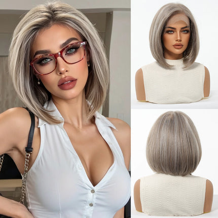Topshe 13x6 HD Lace Frontal Bob Wig Ash Gray Pre-Plucked Natural Hairline Hand-Woven Undetectable Realistic Synthetic Wigs