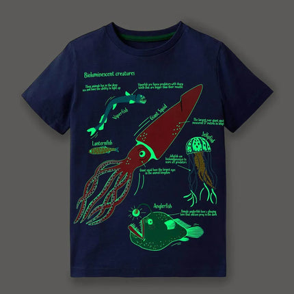 Little maven 2026 New Fashion Boys T-shirt Summer Luminous Dinosaur Animal Cotton Causal Clothes Lovely Tops for Kids 2-7 year