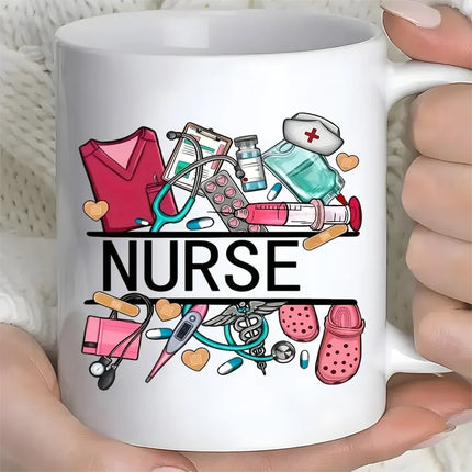 Nurse Themed 11 Ounce Ceramic Coffee Mug - Reusable, Insulated Travel Mug with Medical Illustrations, Hand Wash Only - White