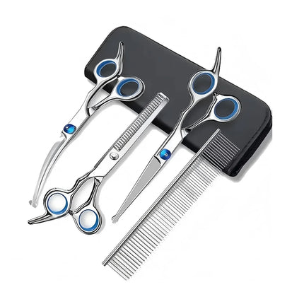 Professional Pet Grooming Scissors Set Stainless Steel Straight Curved Thinning Shears with Comb and Case for Dogs Cats