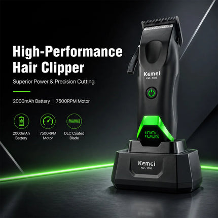 Kemei 1386 Men's Hair Clipper 8000RPM DLC Blade with Base Charger LED Display 2000mAh Professional Hair Cutting Machine Trimmer