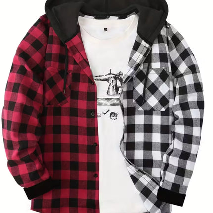 New Men Hooded Plaid Shirt Men Clothes Fashion Big Pocket Design Spring Autumn Long Sleeve Casual Shirt Tops
