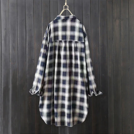 Long-sleeved shirt jacket for women retro large size loose butt-covering long cotton and linen top with plaid shirt