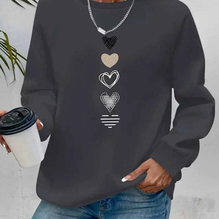 Women's Casual Heart Print Pullover Sweatshirt Geometric Design Long Sleeve Round Neck Machine Washable Regular Fit for Autumn