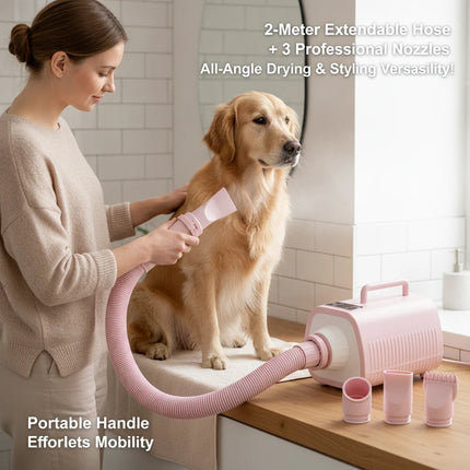Professional Pet Hair Dryer 2100W Dog Grooming Blow Dryer with Touch Screen, 9 Speed & 9 Temperature Settings (77-140°F), 3 Nozzles & 6.56ft Hose, Overheat Protection, Pink