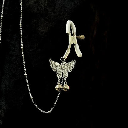 Silver Butterfly Bell Nipple Clamps Pearl Collar Body Chain Detachable Integrated Design Sexy Accessories SM Training Sex Toys