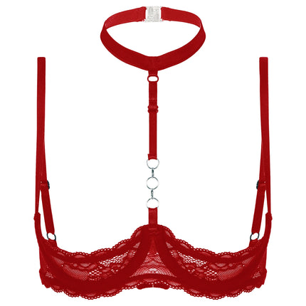 Womens 1/4 Cups Underwire Hollow Out Open Cup Nipples Bra Halter O Ring Exposed Lace Push Up Brassiere Lingerie Bra Underwear