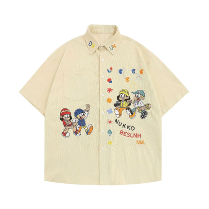 Men Streetwear Beach Shirt Fun Cartoon Embroidery Shirt Summer Hip Hop Oversized Short Sleeve Shirt Button Up Tops Hipster