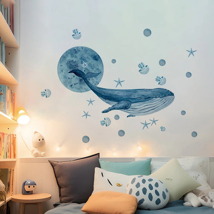 Large Watercolor Whales Wall Decals Ocean Medusa Animal Wall Sticker Under The Sea Theme Decals Nursery Kids Room Decor
